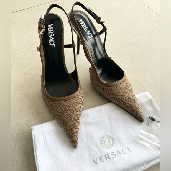 Versace Allover Logo Canvas Slingback Pumps In Brown Size 41 - Picture 6 of 13